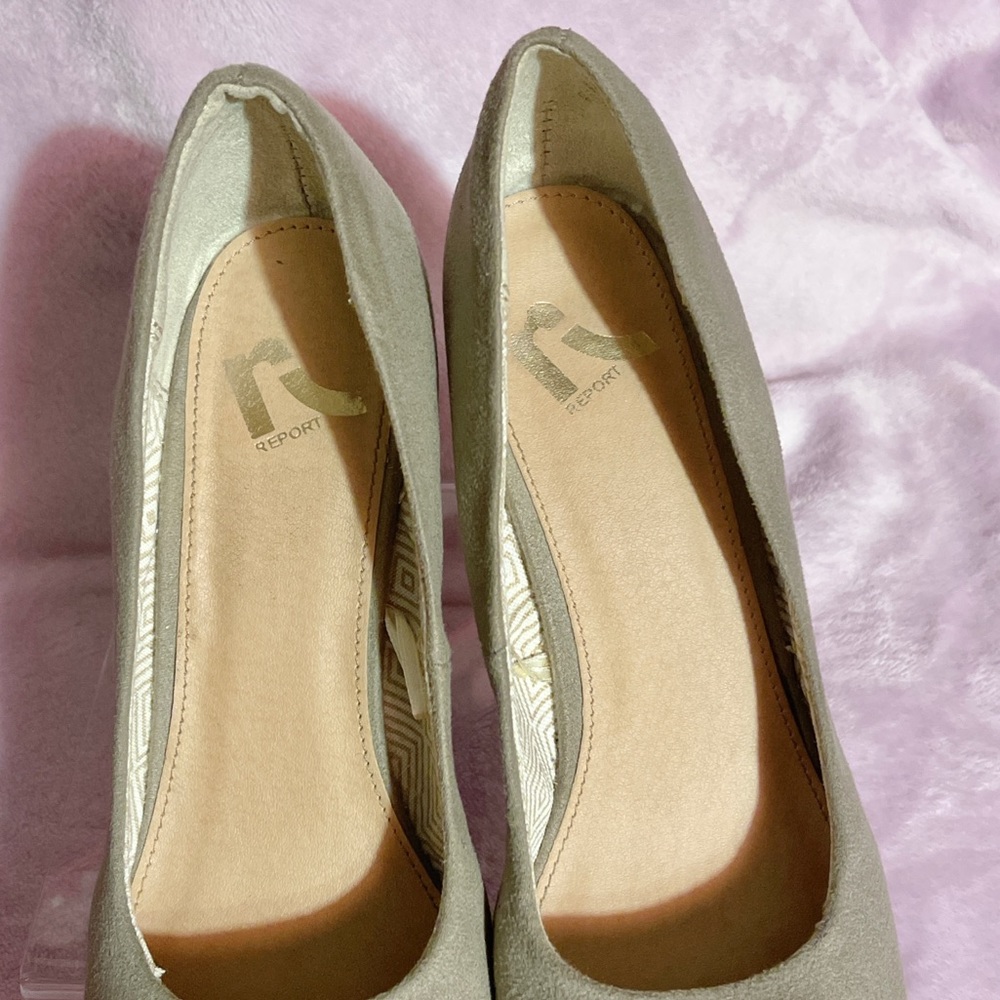 Report Taupe Suede Gold Studded Wedge Pumps - Picture 3 of 11